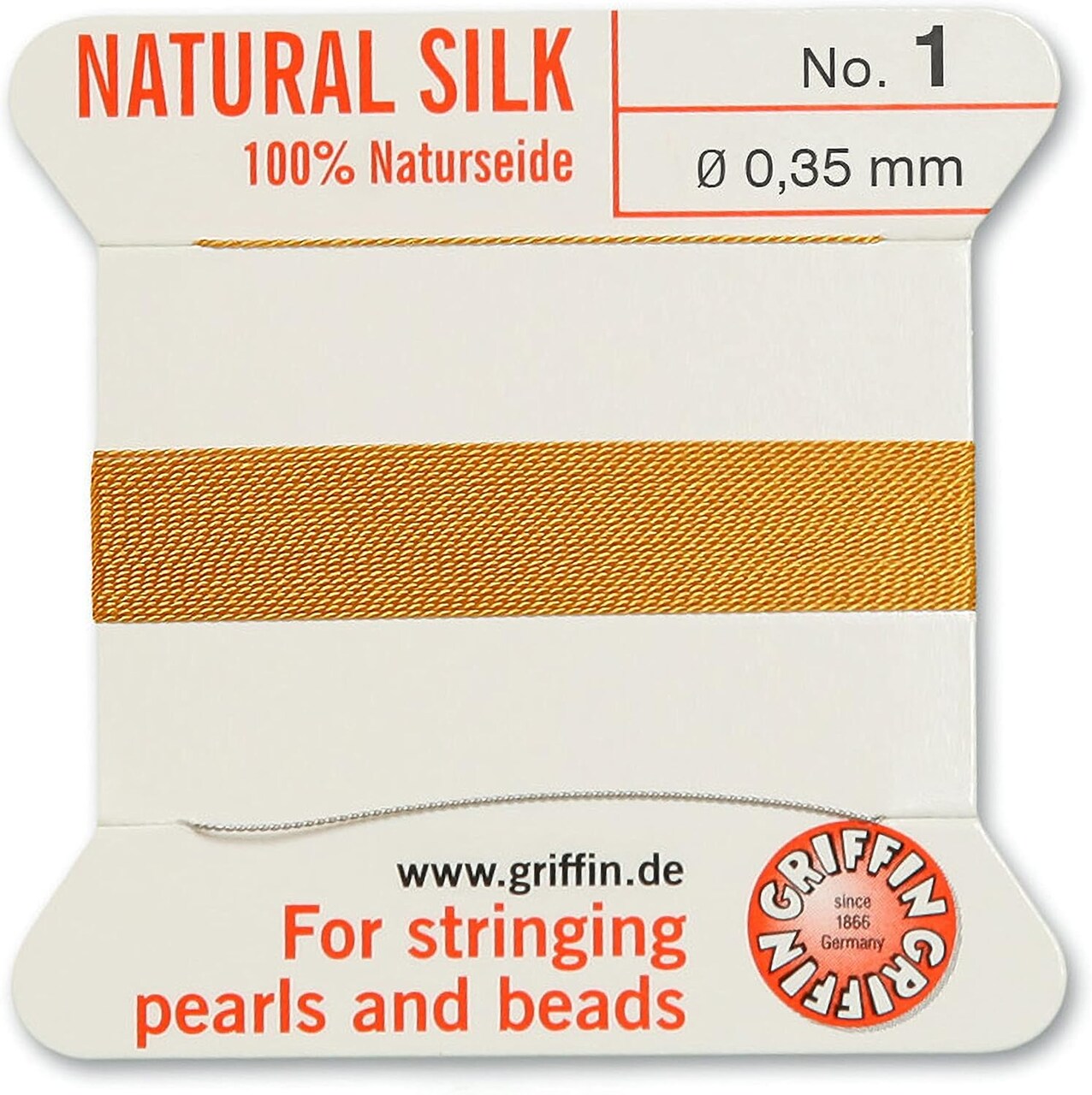 Griffin Silk Bead Cord Perlseide – Size 1 (0.35mm) – 2 Meters per Card – Stainless Steel Needle Attached – for Knotting Pearls, Gemstones, Crystals and Beads